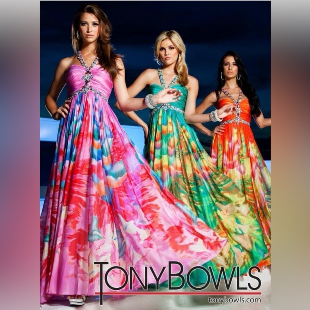 Multi-coloured Tony Bowls flowy prom gown